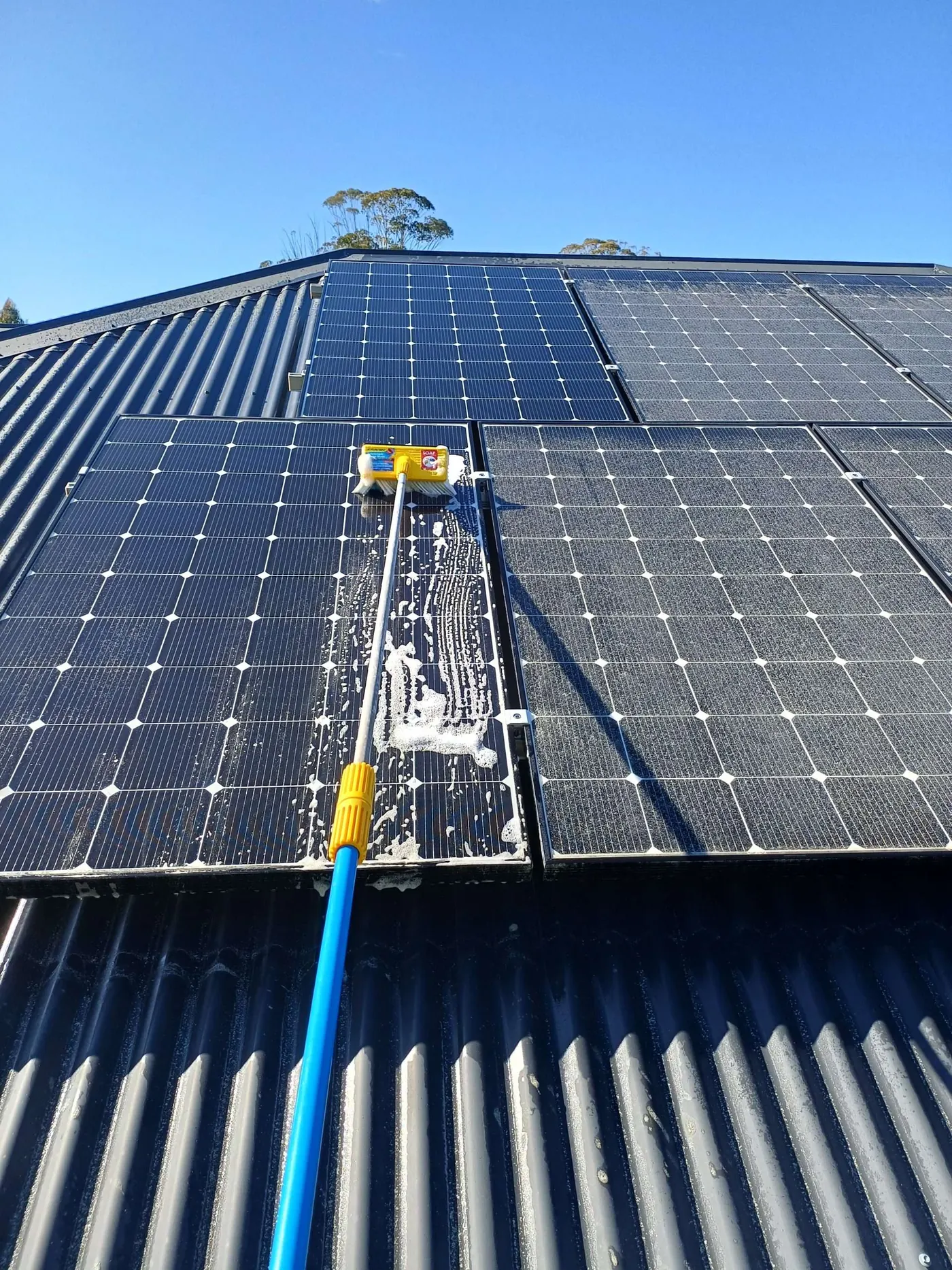 A pure water reach pole and soft brush being used to clean solar panels