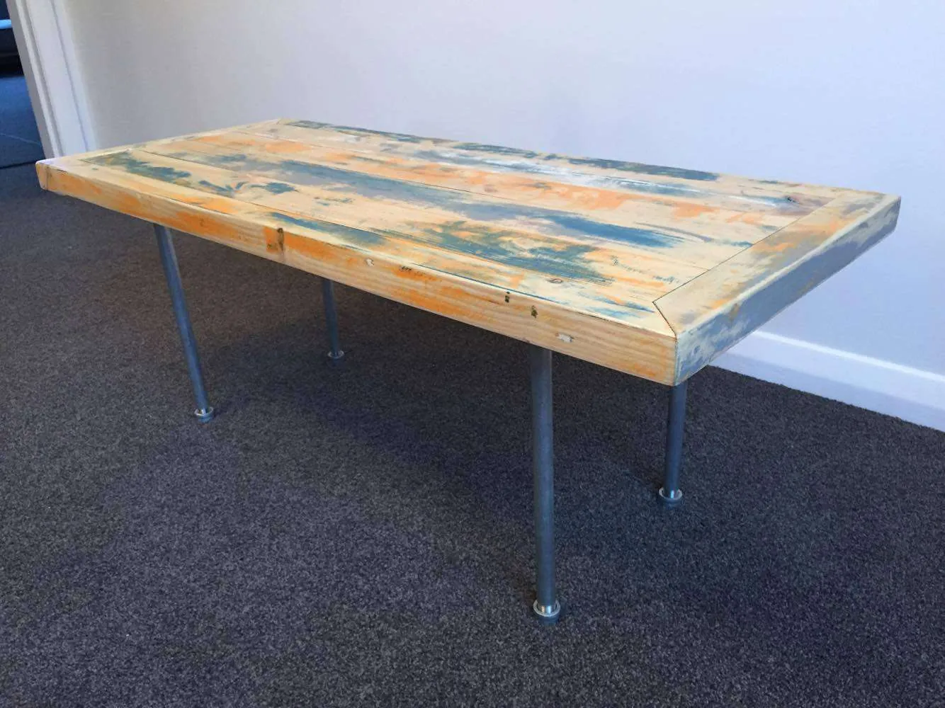 Recycled timber table top on hairpin legs